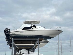 Boston Whaler 270 Dauntless 2014 Boston Whaler 270 Dauntless boat on elevated storage, cloudy sky background.