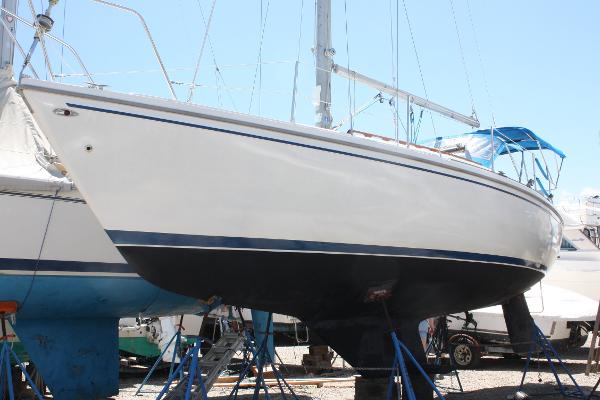 Catalina 30 1978 Catalina 30 sailboat on stands, white hull with blue trim, in a boatyard.