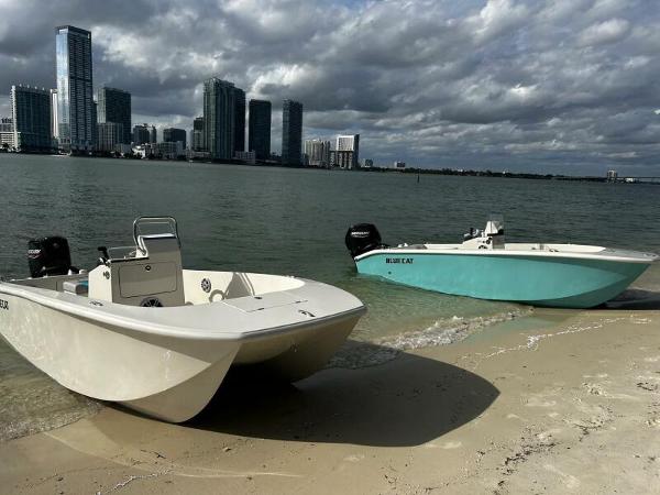 BlueCat 17 LF Two 2024 BlueCat 17 LF boats on a sandy beach with city skyline.