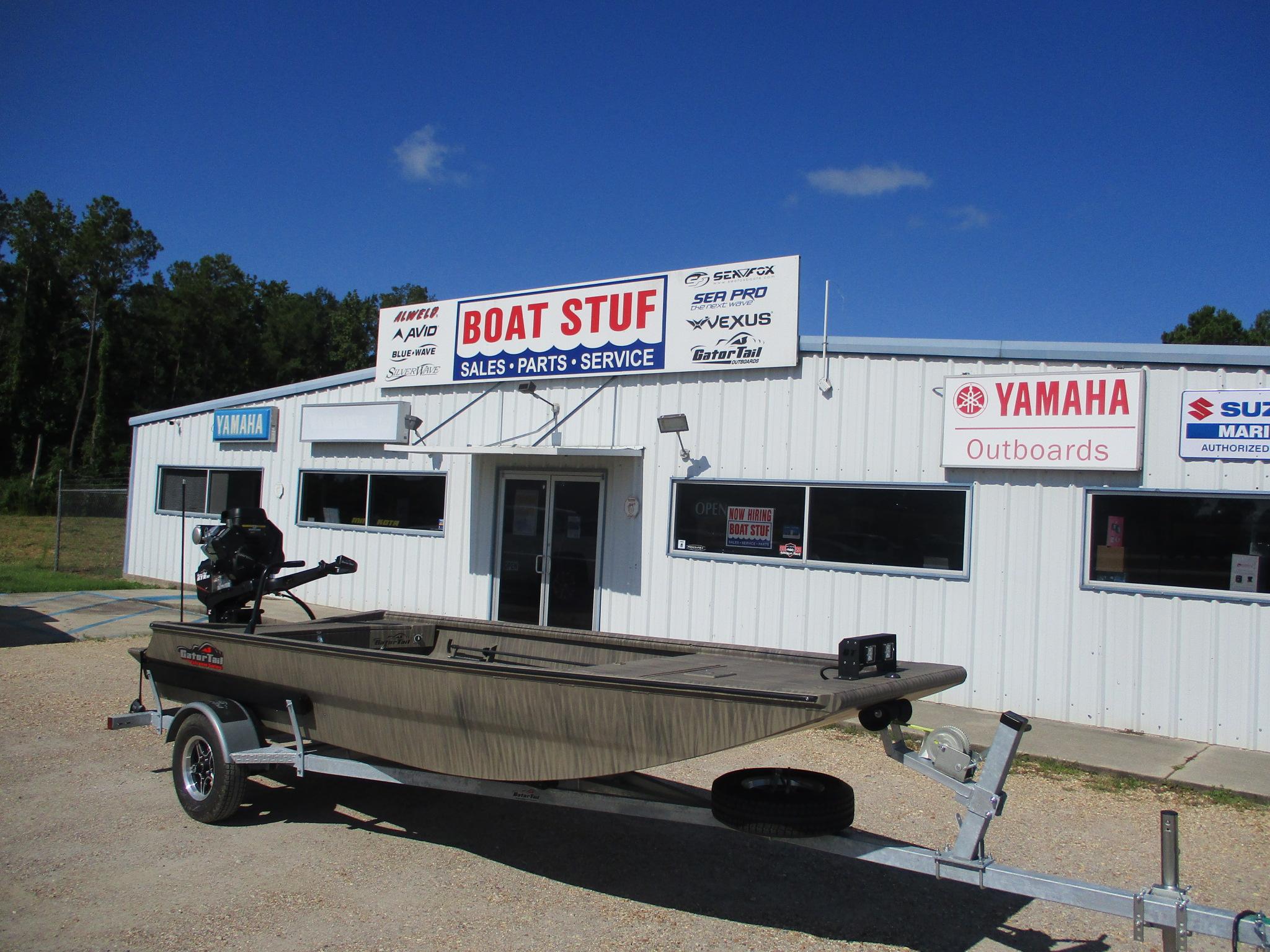 Gator-tail 1754 Extreme 2025 Gator Tail 1754 Extreme boat on trailer outside Boat Stuf store.
