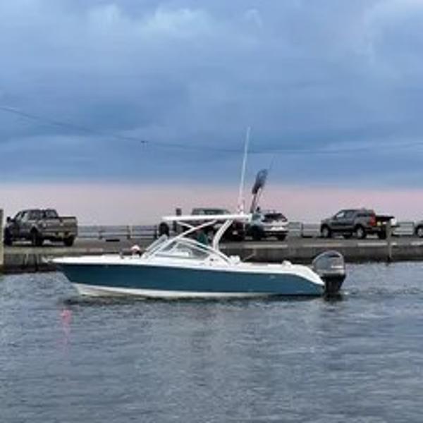 Edgewater 248 CX 2017 Edgewater 248 CX boat on water near dock, under cloudy sky.