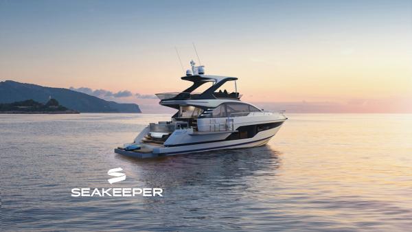 Fairline Squadron 58 2025 Fairline Squadron 58 yacht on calm waters at sunset.