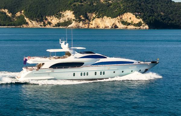 Azimut 116 Luxury 2008 Azimut 116 yacht cruising on blue waters near scenic coastline.