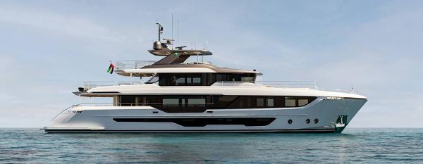 Majesty 112 Terrace Majesty 112 Terrace 2026 yacht on calm sea, showcasing sleek design and luxury features.