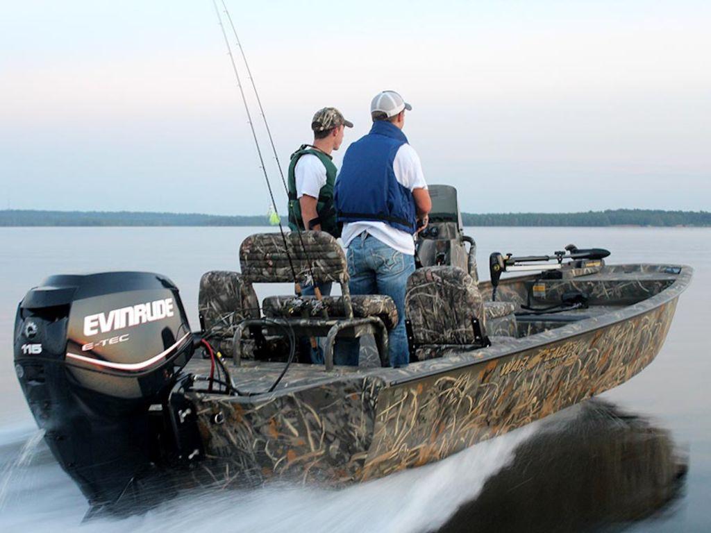 War Eagle Blackhawk 961 Two people on a 2026 War Eagle Blackhawk 961 boat with Evinrude motor.