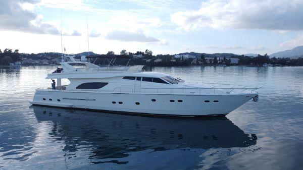 Ferretti Yachts 80 Luxury 2000 Ferretti Yachts 80 cruising on calm waters under a cloudy sky.