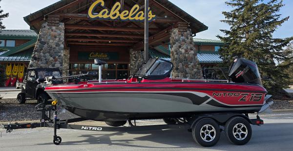 Nitro ZV19 2025 Nitro ZV19 boat on trailer outside Cabela's store.