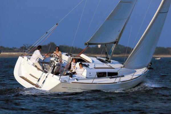 Jeanneau Sun Odyssey 33 Sailing Jeanneau Sun Odyssey 33, 1994 model, with crew on open water.