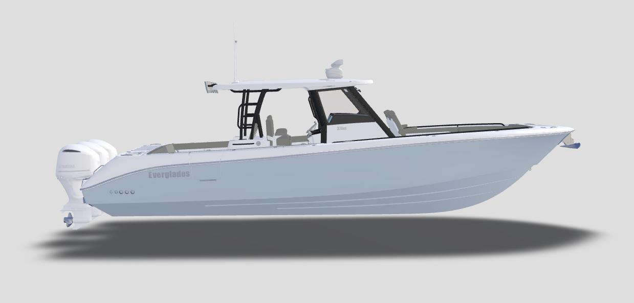 Everglades 375 Center Console 2026 Everglades 375 Center Console boat, sleek design, side view, white hull, modern features.
