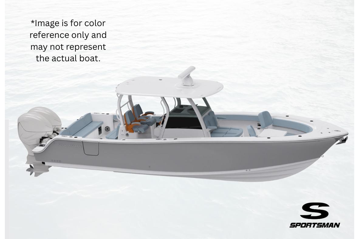 Sportsman Masters 227 Bay Boat 2026 Sportsman Masters 227 Bay Boat, side view, gray and white, on water background.