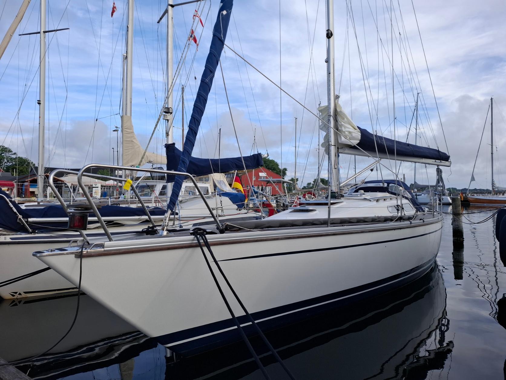 Luffe 37 Sailboat Luffe 37, 2004 model, docked at marina with clear sky background.