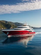 Custom oxygen Luxurious red yacht cruising near scenic mountains, Custom Oxygen model, 2025.