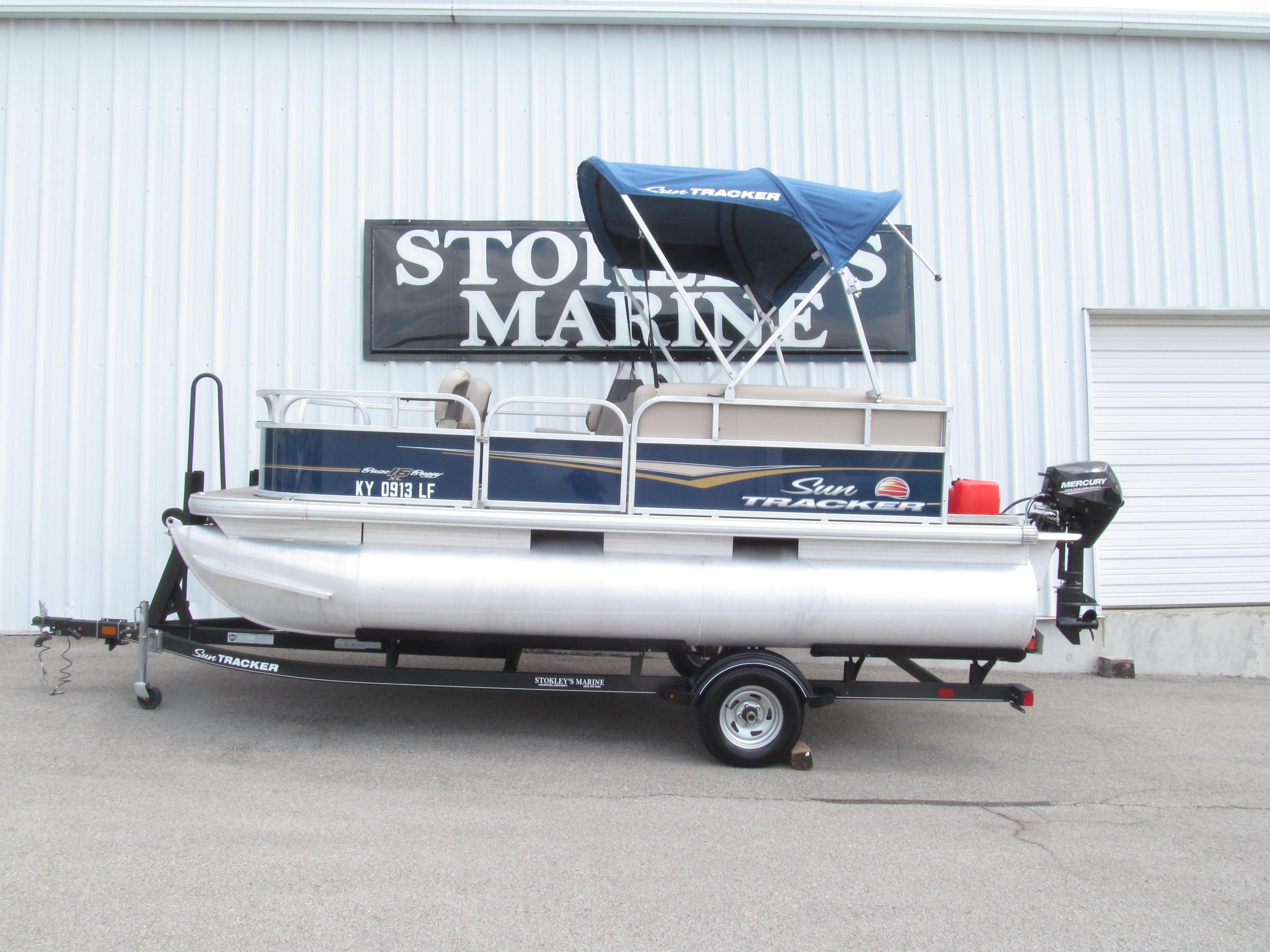 Sun Tracker Bass Buggy 16 DLX 2020 Sun Tracker Bass Buggy 16 DLX pontoon boat on trailer at Stokley's Marine.