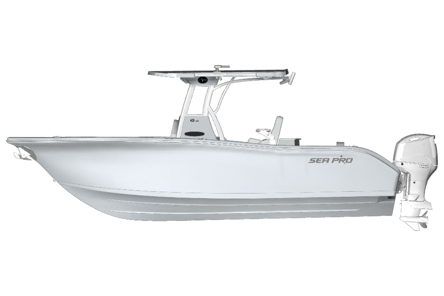 Sea Pro 245 Sandbar 2025 Sea Pro 245 Sandbar boat, side view, sleek design, white hull, outboard motor.