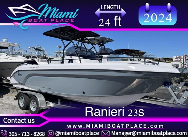 Ranieri Voyager 23S 2024 Ranieri 23S boat, 24 ft length, displayed at Miami Boat Place. Contact info included.