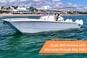 Invincible 35 Catamaran 2024 Invincible 35 Catamaran on water, featuring Quad 300 Verados, warranty until May 2031.