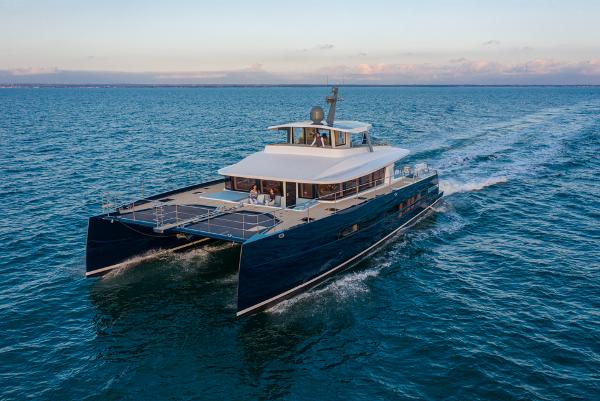 JFA Yachts Long Island 78 Luxury JFA Yachts Long Island 78 catamaran cruising on open sea, 2026 model.