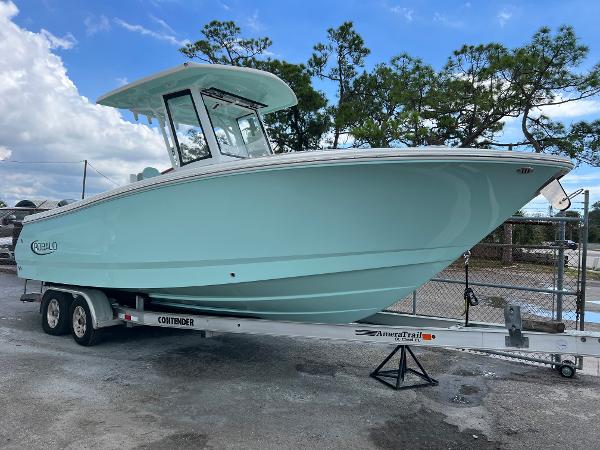 Robalo R250 2023 Robalo R250 boat on trailer, light blue hull, parked outdoors.