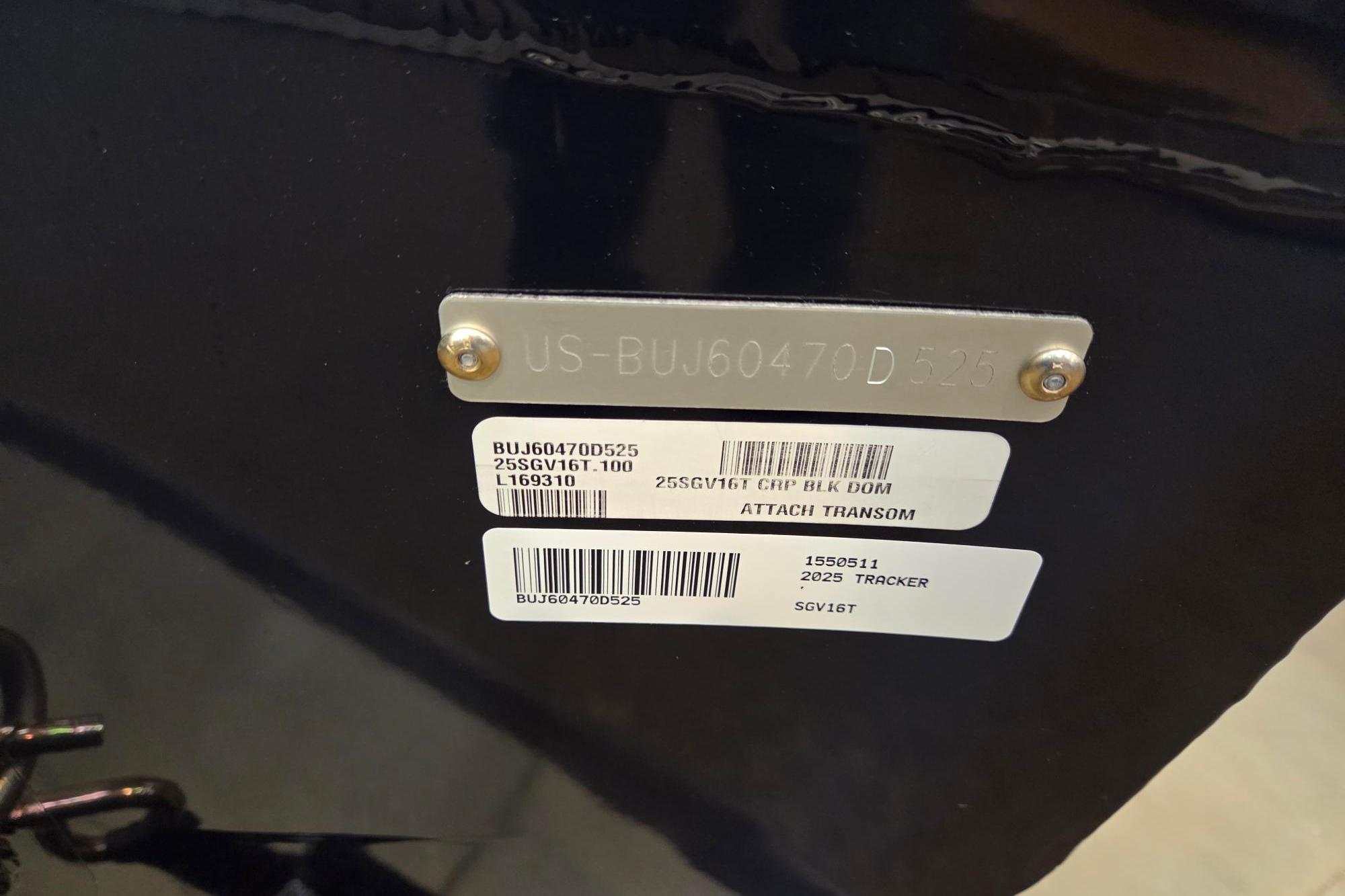 Tracker Super Guide V-16 T 2025 Tracker Super Guide V-16 T boat identification plate with serial numbers.