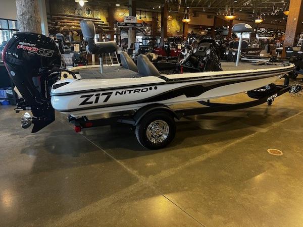Nitro Z17 2025 Nitro Z17 boat in showroom, featuring sleek design and powerful engine.
