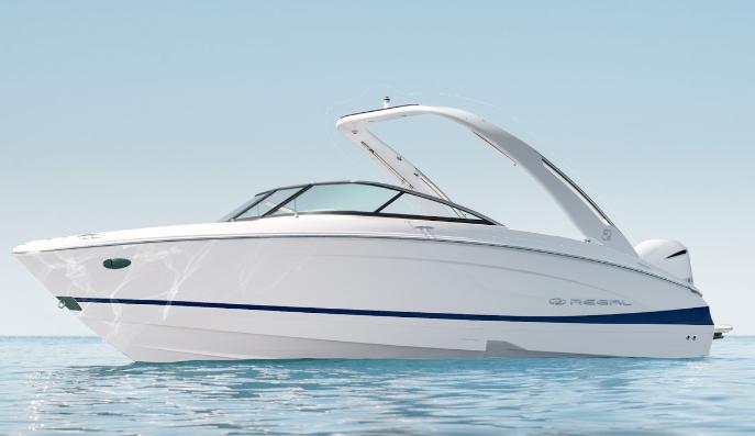 Regal LX4 2026 Regal LX4 boat on calm water, sleek white design, modern features.