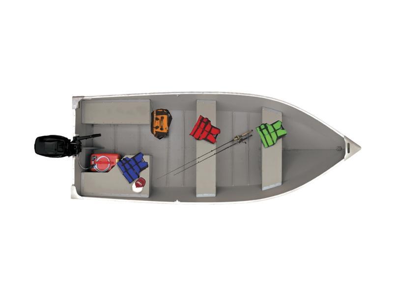 Lowe WV 1470 2024 Lowe WV 1470 boat interior with life jackets, fishing rods, and gear.