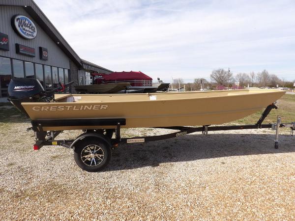 Crestliner 1648M CR Jon 2025 Crestliner 1648M CR Jon boat on trailer, parked outside dealership.