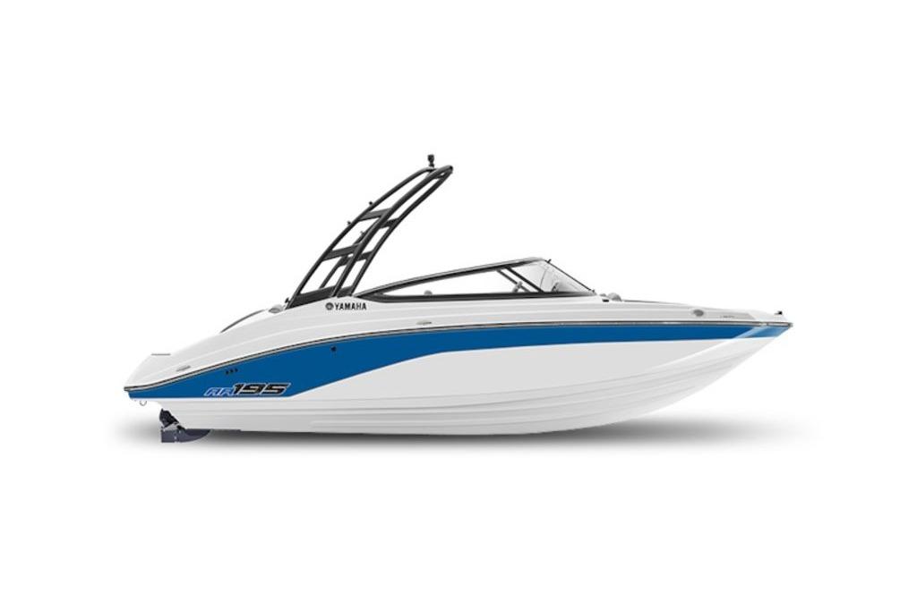 Yamaha Boats AR195 2025 Yamaha Boats AR195, sleek white and blue design, side view.