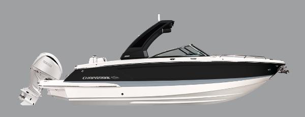 Chaparral 270 OSX 2024 Chaparral 270 OSX boat, sleek black and white design, side view.