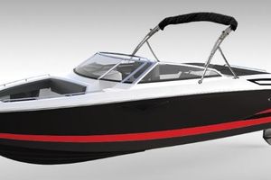 Cobalt A29 2025 Cobalt A29 boat with sleek black and red design, featuring a modern windshield and canopy.