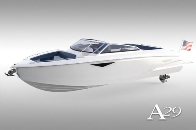 Cobalt A29 2026 Cobalt A29 boat, sleek white design, American flag, modern luxury watercraft.