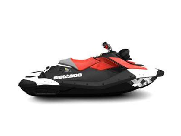 Sea-Doo Spark® Trixx™ for 1 Rotax® 900 ACE™ - 90 iBR and Audio 2024 Sea-Doo Spark® Trixx™ jet ski, red and black, side view.