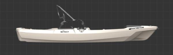 Bonafide SS107 2023 Bonafide SS107 kayak, side view, white color, on a grid background.