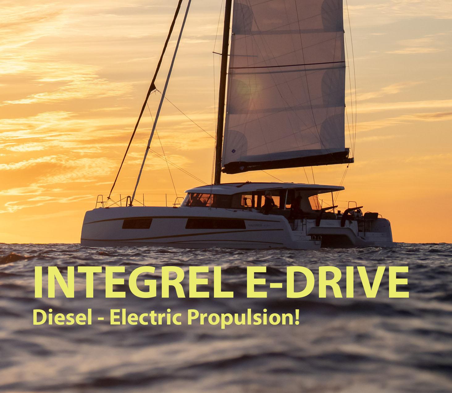 Nautitech 48 Sailing catamaran Nautitech 48 at sunset, featuring Integrel E-Drive diesel-electric propulsion.