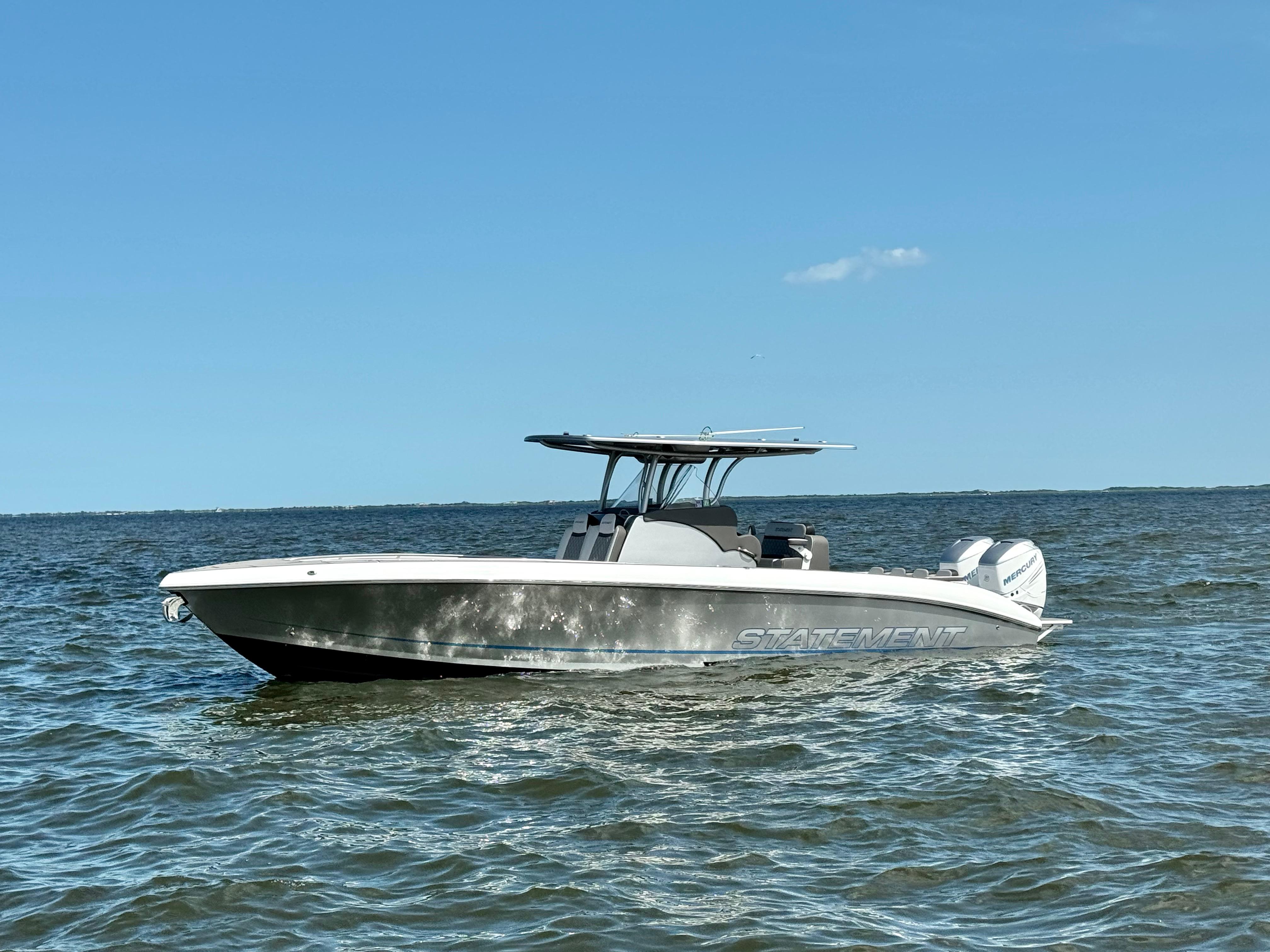 Statement 350 Open 2019 Statement 350 Open boat on calm water under clear blue sky.