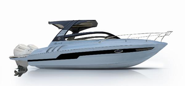 Hanover 305 Outboard Alpine Gray Ultimate Sport Edition 2025 Hanover 305 Outboard Alpine Gray Ultimate Sport Edition boat, sleek design, side view.