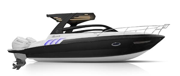 Hanover 305 Outboard Black & White T-Top Edition 2025 Hanover 305 Outboard Black & White T-Top Edition boat, sleek design, side view.