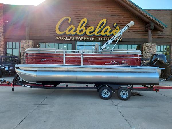 Sun Tracker Party Barge 22 XP3 2024 Sun Tracker Party Barge 22 XP3 pontoon boat at Cabela's outdoor store.