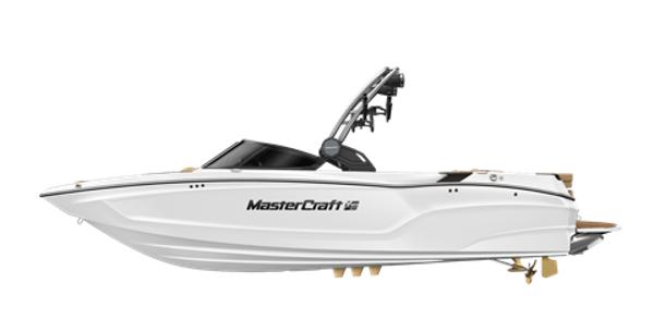 MasterCraft XT24 2025 MasterCraft XT24 boat, sleek white design, side view.