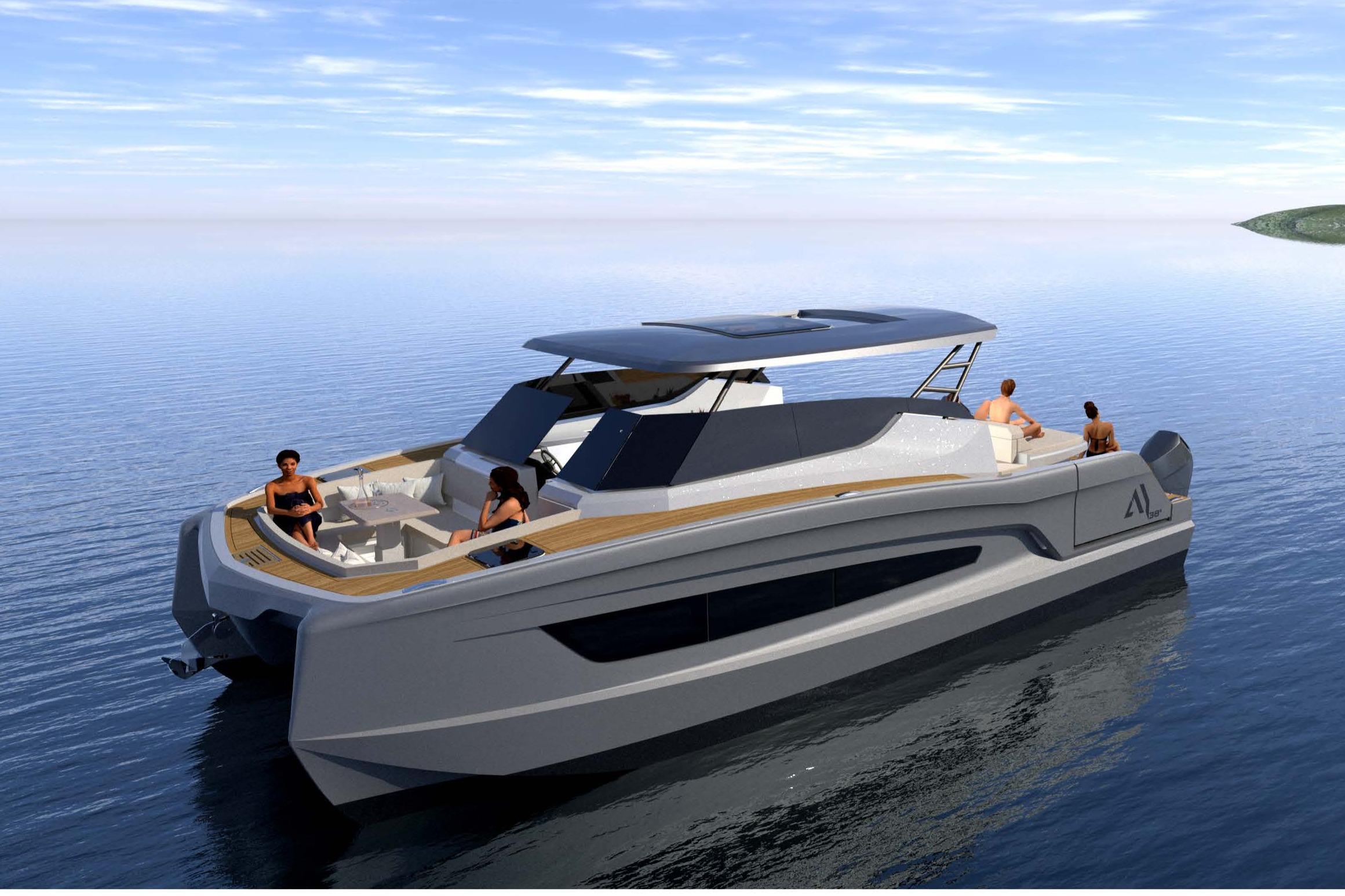 Aventura 38S 2026 Aventura 38S luxury yacht cruising on calm waters with passengers relaxing.