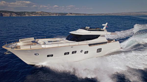 Monachus 70 Fly Luxury Monachus 70 Fly yacht cruising on open sea, 2022 model.