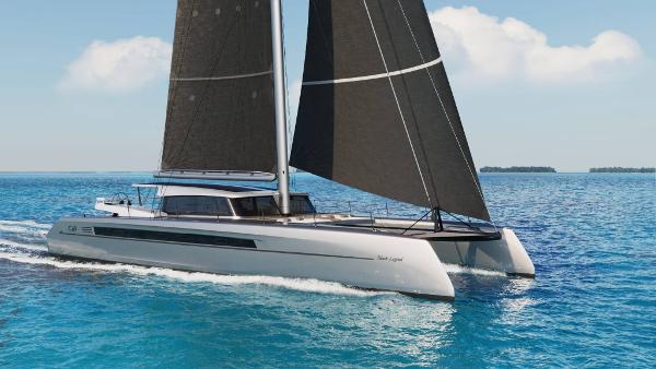 Black Pepper Code C.69 Sleek Black Pepper Code C.69 catamaran sailing on blue ocean, 2025 model.