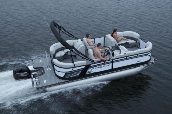 Starcraft SLS 1 2024 Starcraft SLS 1 pontoon boat cruising on water with passengers.