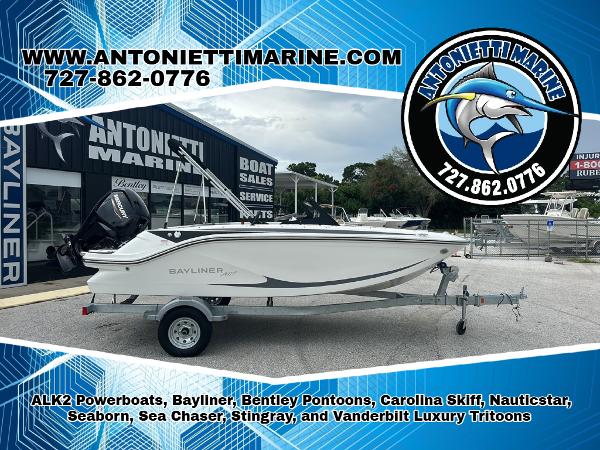 Bayliner Element M17 2025 Bayliner Element M17 boat on trailer at Antonietti Marine dealership.