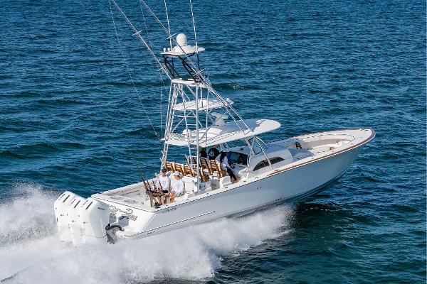 Valhalla Boatworks V-46 2025 Valhalla Boatworks V-46 cruising on open water, showcasing sleek design and powerful engines.