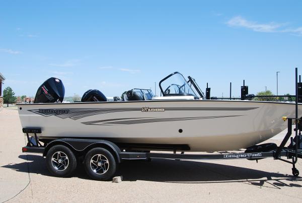 Ranger VX1988 WT 2024 Ranger VX1988 WT boat on trailer, side view, outdoors under clear blue sky.