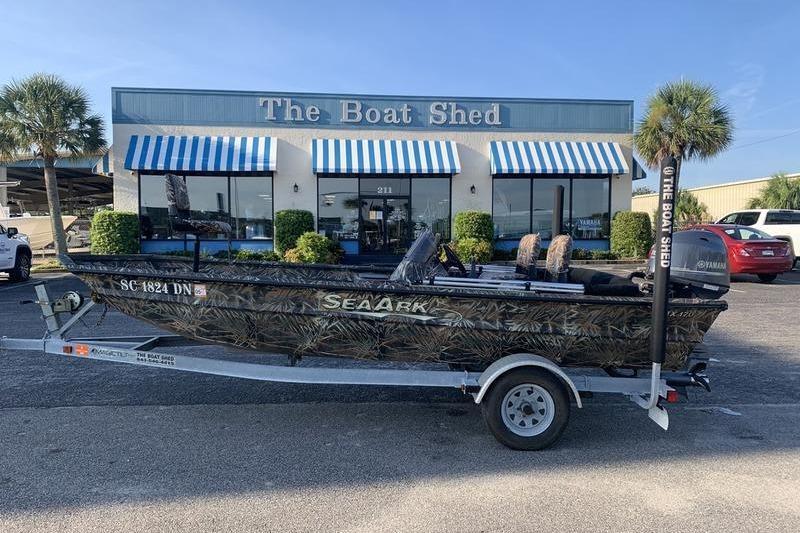 SeaArk RX 170 2020 SeaArk RX 170 boat on trailer outside The Boat Shed dealership.