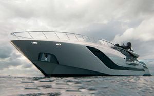 Mangusta 165 REV Luxurious 2022 Mangusta 165 REV yacht on open water under cloudy skies.