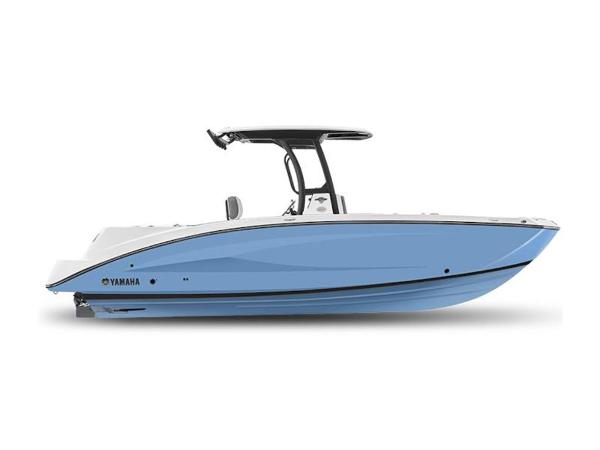 Yamaha Boats 255 FSH Sport E 2024 Yamaha Boats 255 FSH Sport E, side view, blue and white hull.