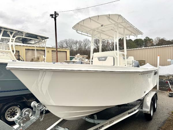 Parker 2100 Special Edition 2025 Parker 2100 Special Edition boat on trailer, white hull, T-top, outdoor display.